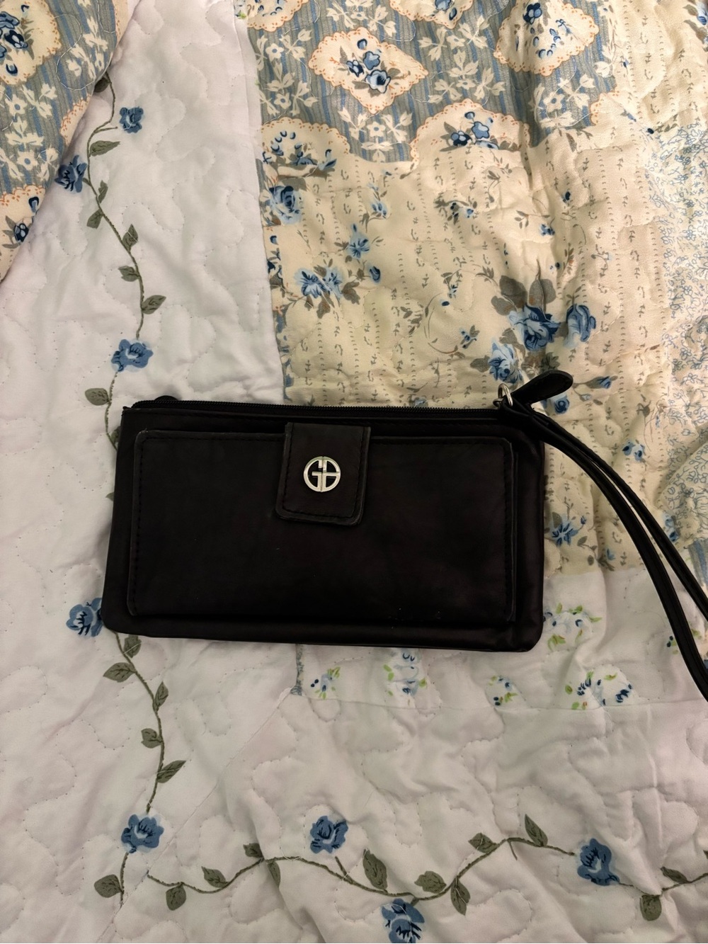 Gianni Bernini Genuine Leather Black Wristlet Clutch with Silver Logo
